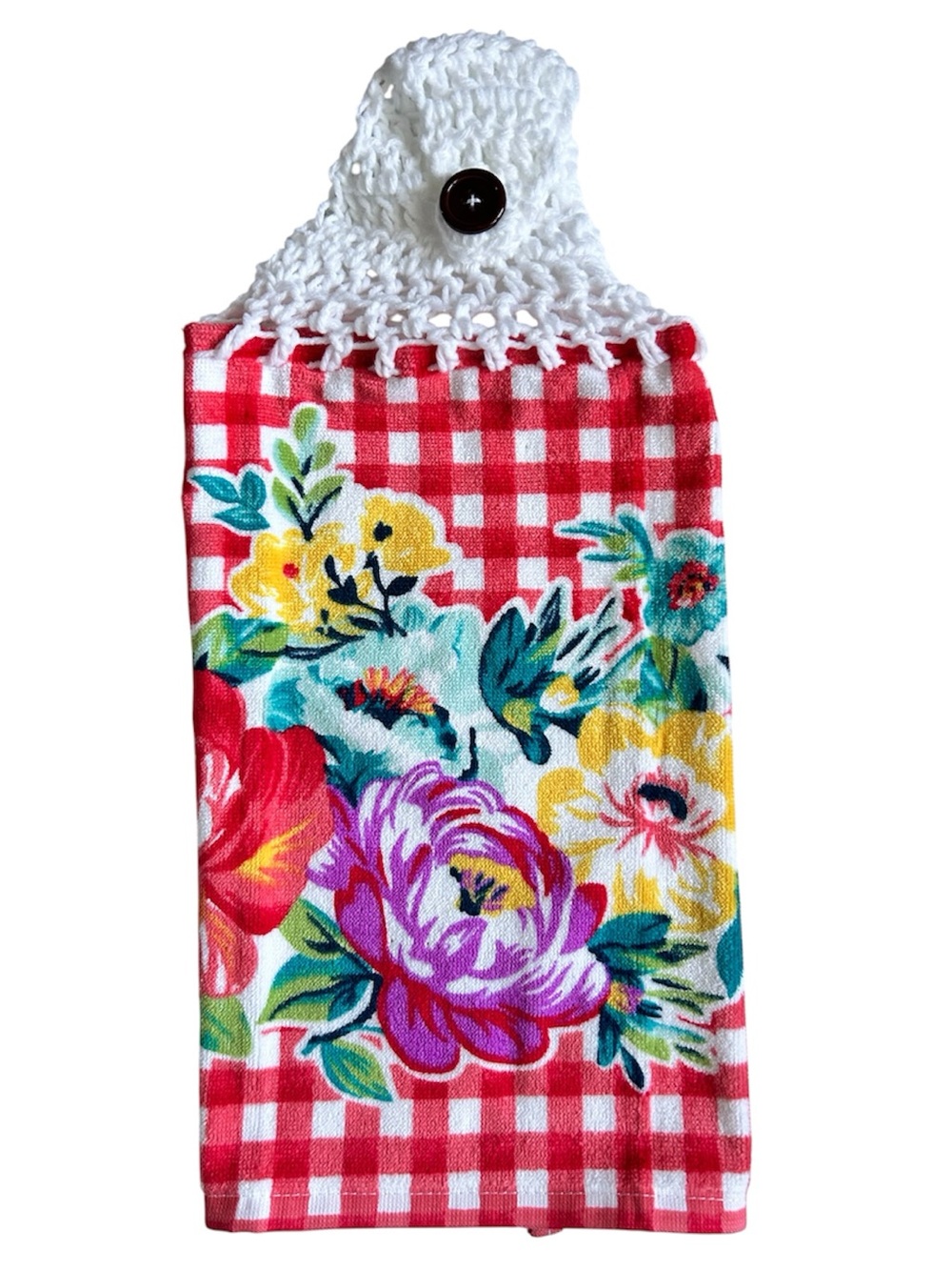 Hand Crochet Top Floral Hanging Kitchen Towel - White & Red
